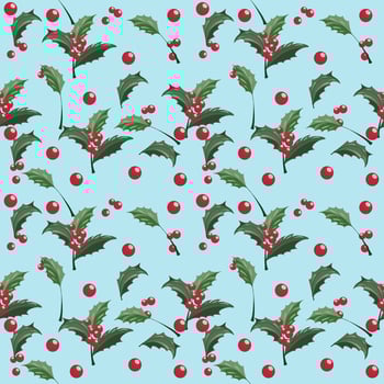Seamless Christmas pattern of green leaves and Christmas red berry and  light blue background. vector