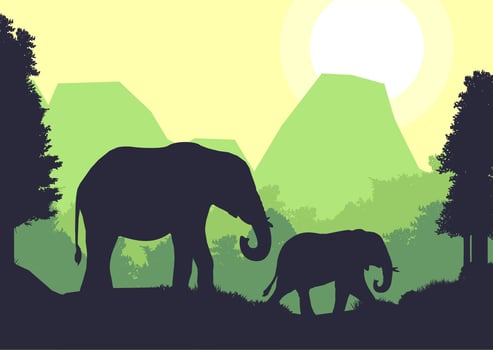 elephant animal silhouette forest mountain landscape flat design vector illustration