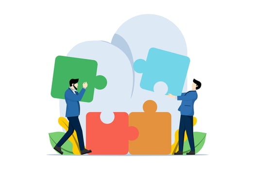 Business team cooperation concept. teamwork puzzle, people connect puzzle elements. partnership, connection, collaboration, brainstorming, partner, collaborate, match, flat vector illustration.