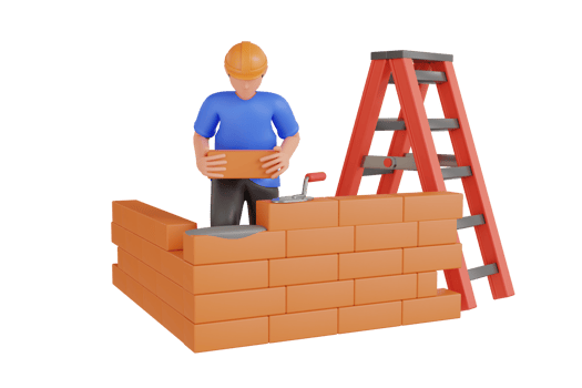 3d illustration of builder making brick wall. Builder laying bricks on construction site png