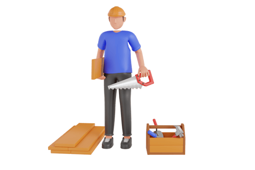 Carpenter holding wooden with handsaw 3d illustration. Male Carpenter working Illustration png