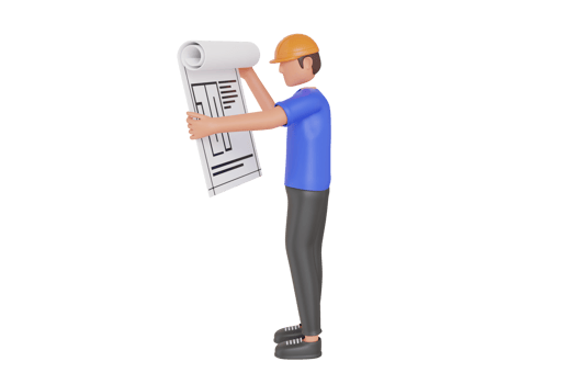 Engineer holding building plan 3d illustration. Engineer looking at building plan. 3d illustration png