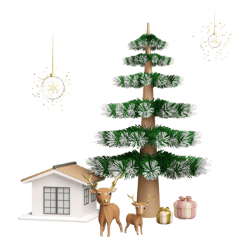 christmas tree with house, deer, gift box, ornaments glass transparent, snowflake. merry Christmas and festive New Year, 3d render illustration png