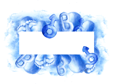 Watercolor square frame air ballon with blue splashes, letter B, footprint, male mars sign. Watercolor hand drawn illustrations. Newborn, gender reveal, birthday party png