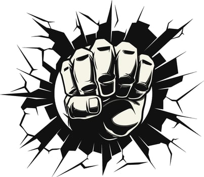 Epic Cartoon Art Punching Fist and Broken Wall Iconic Force Unleashed Black Emblem Design vector