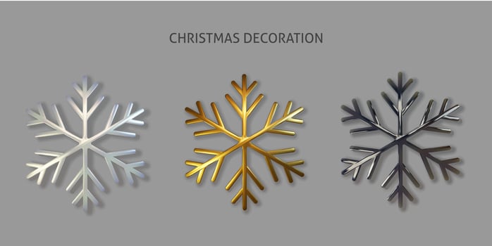 Set Shimmering colorful snowflake. Vector 3d illustration of glowing metallic snowflake shape isolated on gray. New Year or Christmas decoration element. Realistic holiday ornament.