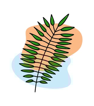Simple Modern Vector Illustration of a Twig, Leaves with Black Line Art Sprig. Cute Pastel Color spots. Minimalist Floral Freehand Design ideal for Wall Art, Card. Abstract Sprig