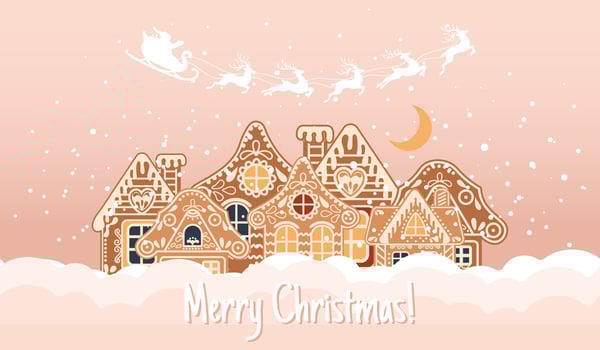 Winter landscape with cute gingerbread houses, Santa with reindeer and night sky. Merry Christmas greeting card template. Illustration in flat style. Vector