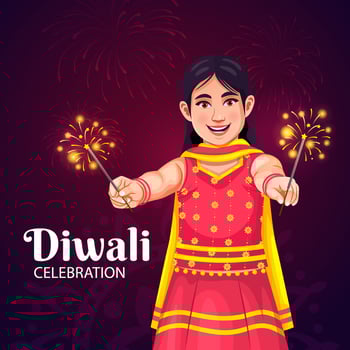 Happy Diwali Vector Illustration with Fireworks Background for Light Festival of India in Flat Kid celebrate Diwali Cartoon Design. Festival sale and promotion advertising concept