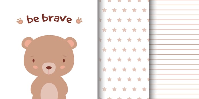 Greeting card with cute bear and children's pattern companion. Seamless pattern included in swatch panel. vector