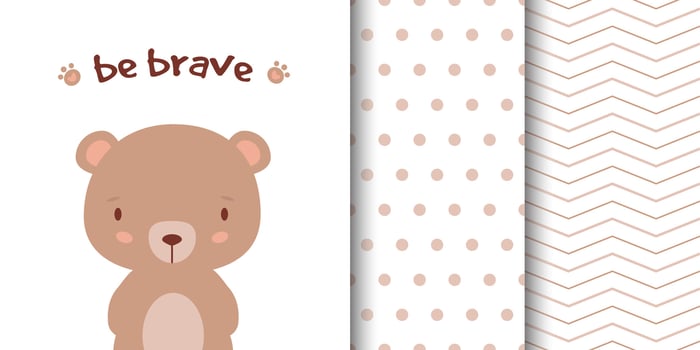 Greeting card with cute bear and children's pattern companion. Seamless pattern included in swatch panel. vector