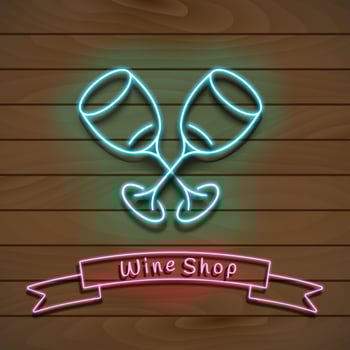 Wine shop. Neon blue sign. light banner on a wooden wall. Vector Illustration