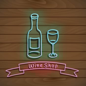 Wine shop. Neon blue sign. light banner on a wooden wall. Vector Illustration