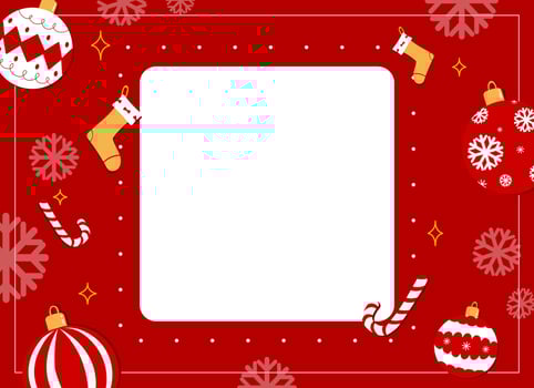 Blank Christmas frame with Christmas decoration in red background, banner, copy space vector