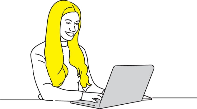 A Beautiful girl is busy with office work with laptop line art design vector