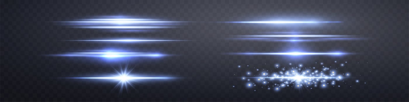 Blue lensflares set. Light flash with rays or blue spotlight. Glow flare light effect. Vector illustration. Isolated on dark transparent background.