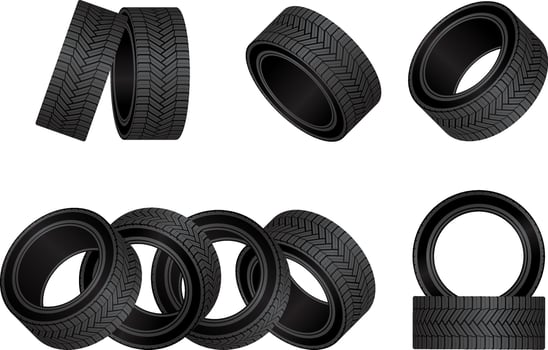 Realistic tire fitting vector design. Black rubber wheels tyres for car service station.