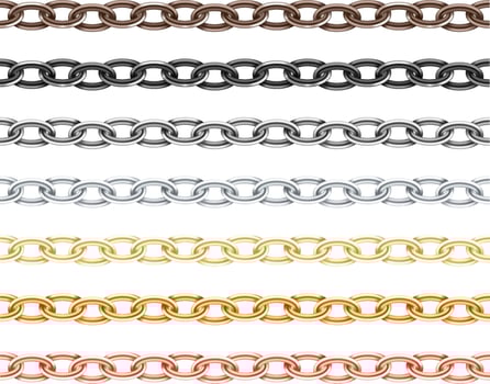 Big collection different metal chain seamless texture. Silver, gold, platinum, iron, copper color chains link set isolated on white background. vector