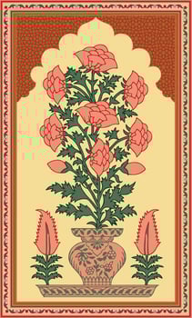 Mughal Floral Miniature Painting. Template for greeting card or invitation in oriental style. vector