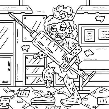 Zombie Nurse with Syringe Coloring Pages for Kids vector