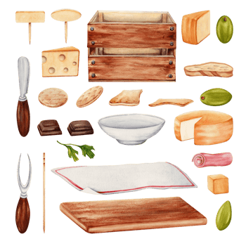 Picnic tasting menu set with cheese slices, olives, ham, crackers, serving board, table cloth, wooden crate, knife and fork and a plate. Watercolor illustration isolated on transparent background. png