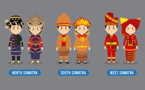 Set of Sumatra Indonesian Wearing Traditional Outfit vector