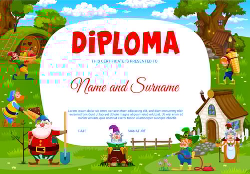 Kids diploma with cartoon fairytale funny gnomes vector