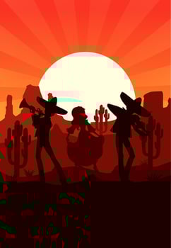 Sunset at Mexican desert, mariachi silhouettes vector