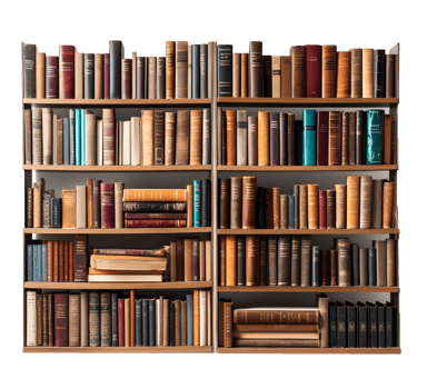 wooden bookshelf full of books, front view, ai generated png