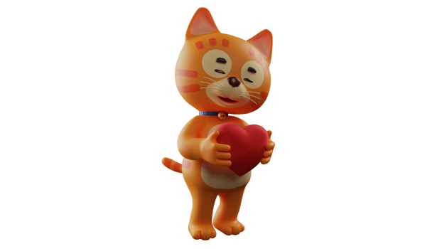 3D illustration. Romantic Orange Cat 3D Cartoon Character. Orange cat standing while holding red love. A sweet orange cat is smiling and will give a heart symbol to his friend. 3D cartoon character png