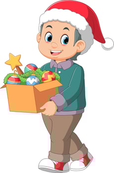 happy boy wear santa hat and carrying box of toys vector