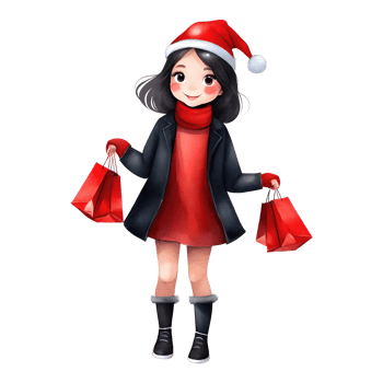 Cute Shopaholic Girl Wearing Christmas Clothes Simple Clipart Isolated Transparent AI Generative Illustration png