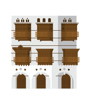 Authentic Traditional Arabian House Vector Illustration isolated on white. Ancient Building Of Jeddah.