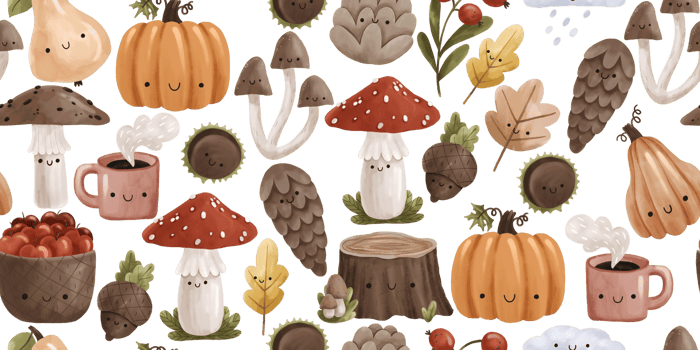 Harvest seamless pattern with fly agaric, acorns,  mushrooms and plants, pumpkins, cones. Natural trendy print. Cute forest seamless  pattern. png
