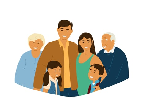 Smiling Asian Family Portrait. Parents, Grandparents And Children. Isolated On White. Asian Characters. Flat Vector Illustration.
