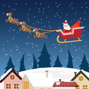 Cartoon illustration of  santa claus sitting and flying in the sled at night. Magical Christmas night illustration vector