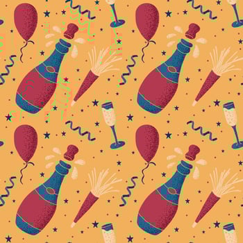 Celebrating pattern in flat minimalistic style. Hand drawn new year, anniversary or birthday party elements in flat style with dotted texture on yellow background for background, wrapping, textile vector