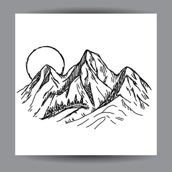 mountain view illustration design template, with a black outline hand drawn style vector