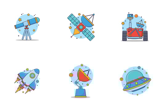 Set of Space object, rocket, satellite, mars robot, telescope, ufo, transmission cute design illustration with star ornament orbit, children friendly, cartoon style design, isolated white background. vector