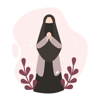 Muslim woman in hijab giving greetings. Flat vector illustration.
