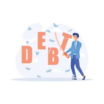 Cut debt. Businessman cutting the word debt with a sword, flat vector modern illustration