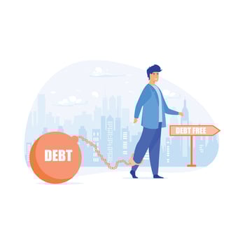 Debt Free. Businessman in face mask tied by a burden with debt text and walking toward debt free signpost, flat vector modern illustration