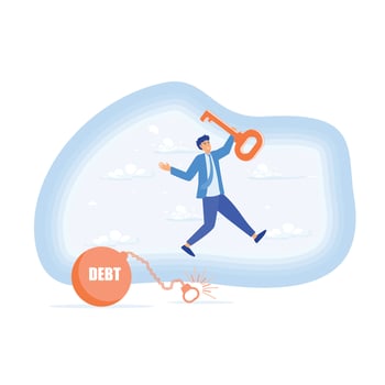 Debt Free. Happy businessman holding golden key after unlock debt burden chain, flat vector modern illustration