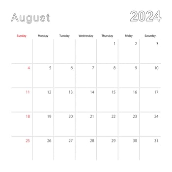 Simple wall calendar for August 2024 with dotted lines. The calendar is in English, week start from Sunday. vector