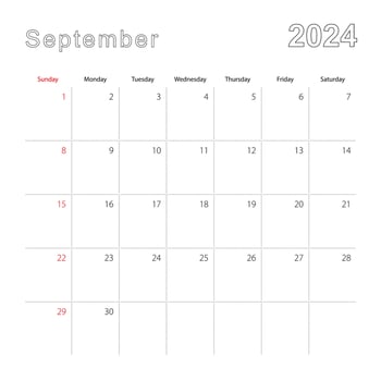 Simple wall calendar for September 2024 with dotted lines. The calendar is in English, week start from Sunday. vector