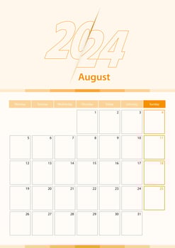 Modern vector vertical calendar sheet for August 2024, planner in English.