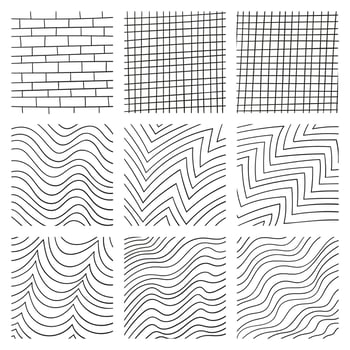 Lines set in different styles. Checkered, bricks, waves in different positions. vector