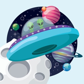 Colored sticker with alien characters on an ufo Vector illustration