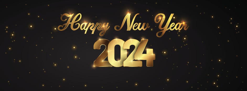 Happy New Year of glitter gold fireworks. Vector golden glittering text and 2024 numbers with sparkle shine for holiday greeting card.