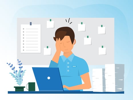 frustrated businessman sitting on office busy desk. Overwhelmed, work stress, tired or fatigue from overworked, busy to finish project paperwork in deadline, anxiety or exhaustion, headache concept. vector